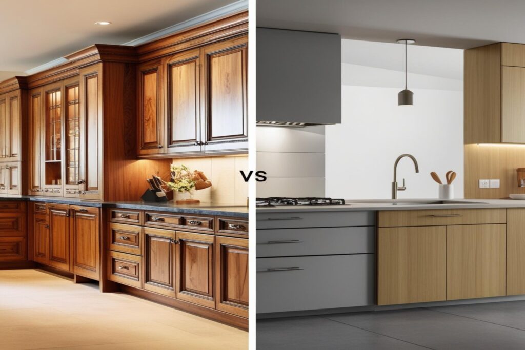 Comparación entre un mueble de madera natural y un mueble prefabricado, destacando diseño, calidad y durabilidad